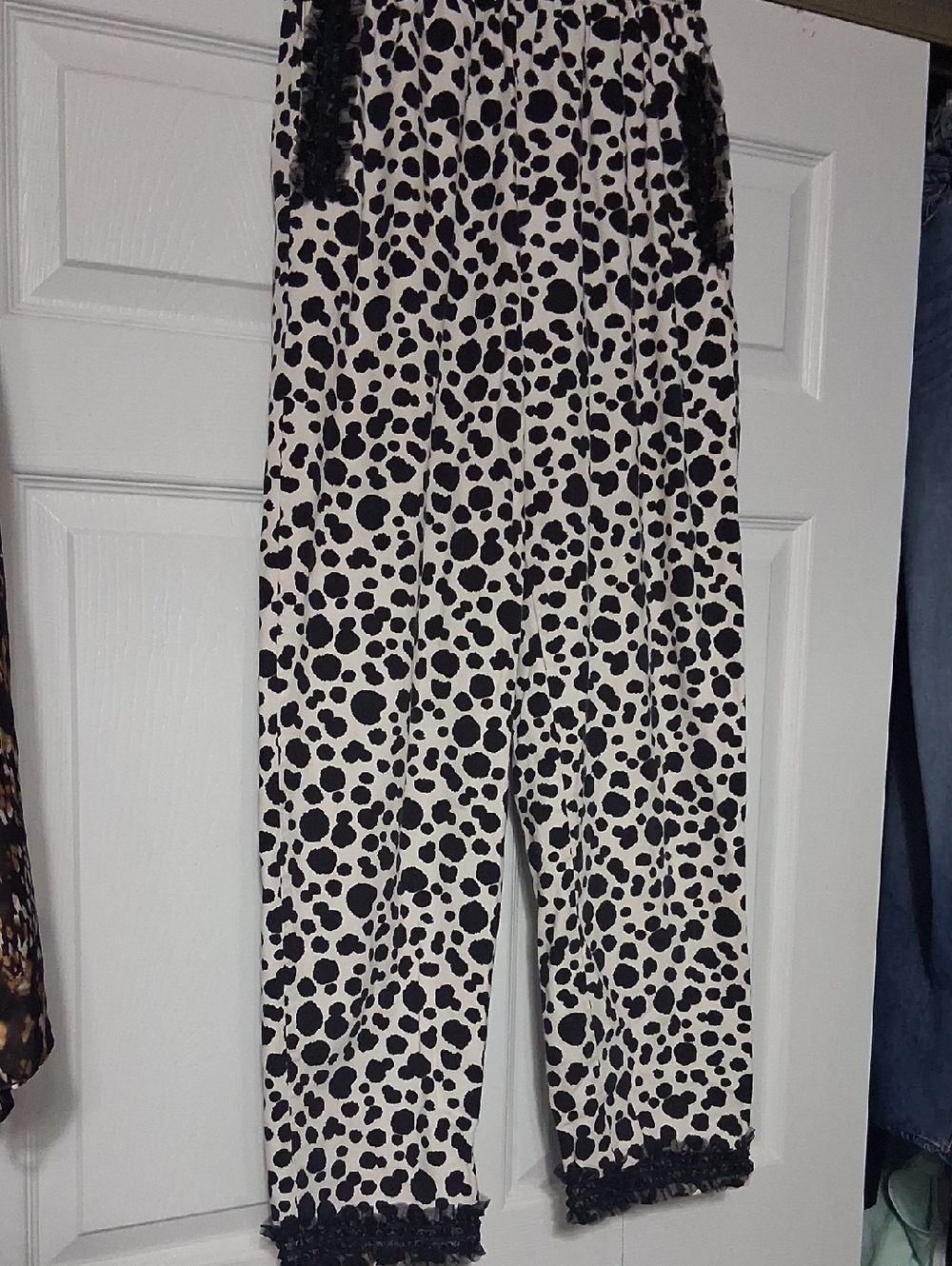 Black and White Dalmatian Print Pants With Black Lace Trim.Sz S.